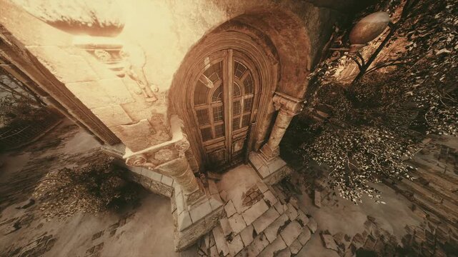 A weathered wooden door stands amidst an ancient stone structure. Worn steps lead up to it, surrounded by greenery under the soft glow of a golden light, evoking a sense of mystery.