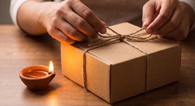 Gift box photo with hands tying twine bow on Kraft paper beside burning clay Diya lamp