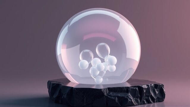 Glass sphere contains smaller white orbs resting upon dark, textured pedestal. Soft pink hues illuminate scene. Minimalist composition.
