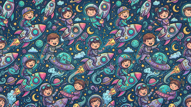 kids in space seamless pattern, cartoon astronauts and rockets