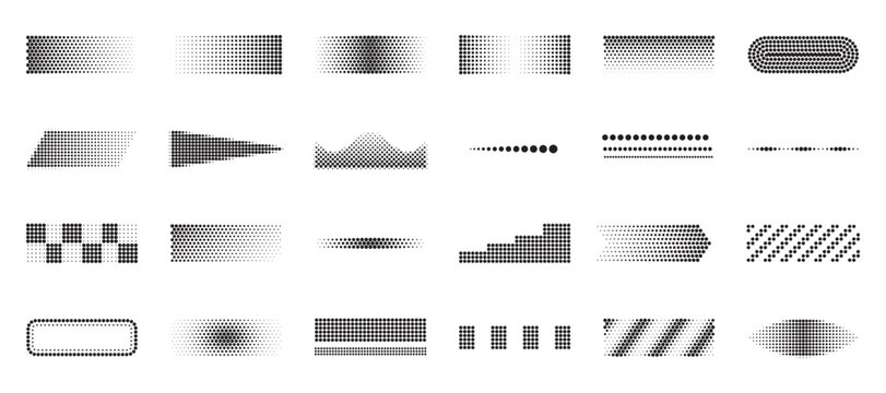 Halftone bars and banners set with black dotted gradient rectangles, pill, parallelogram, wedge, wave strip, checker, steps, arrow, diagonal stripes and line dividers, vector text boxes