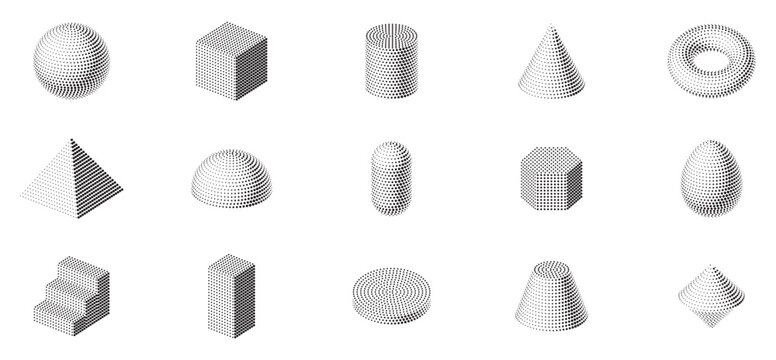 Dotted 3D geometric shapes collection. Black halftone sphere, cube, cylinder, cone, torus, pyramid, dome, capsule, hexagonal prism, egg, stairs, disc and double cone. Vector on white
