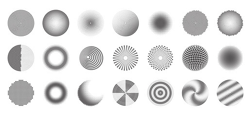 Halftone circles vector collection. Black dotted round shapes with radial, concentric, spiral, sphere, ring, crescent, pie segment, swirl and striped gradient patterns isolated on white © N R B