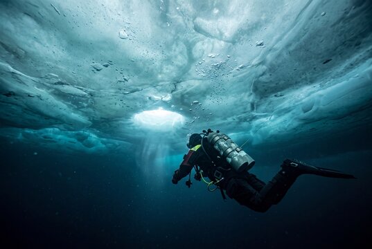 Under Ice Diving. Scuba diver exploring beneath frozen lake surface