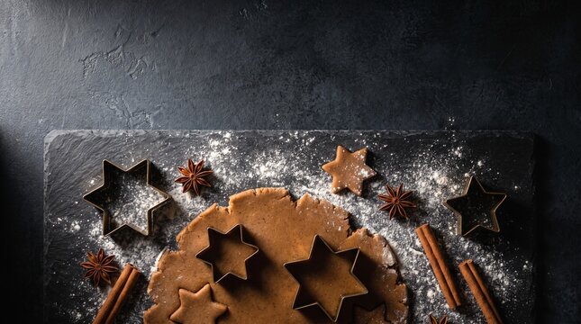 Gingerbread dough with star cookie cutters sits on a floured slate board with cinnamon sticks and star anise on dark stone.
