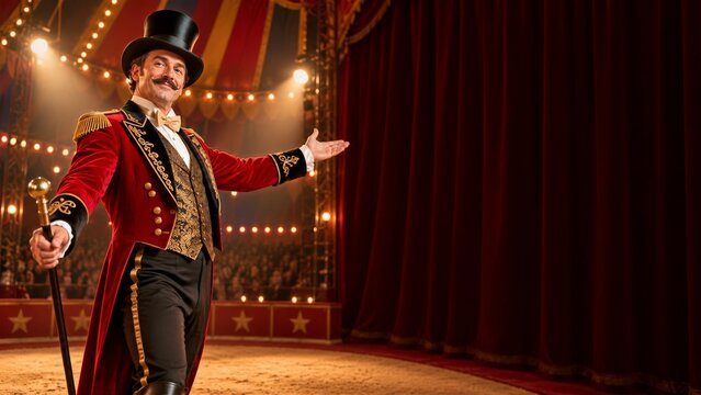 Circus Ringmaster in Red Tailcoat Welcoming Guests Beside a Velvet Curtain