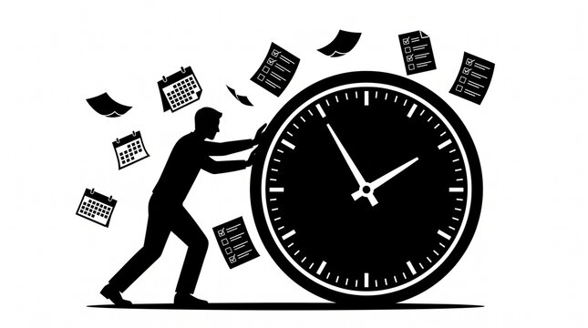 Businessman pushing a giant clock surrounded by flying papers and calendars concept of tight deadlines and time management vector design