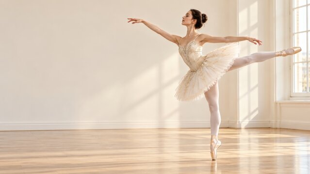 Ballerina in an ivory tutu holding an arabesque in a sunlit dance studio