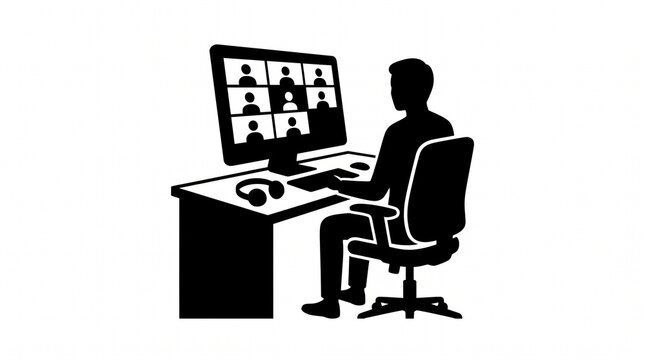 Black silhouette of a remote worker attending a video conference call on desktop computer at desk flat vector icon illustration on white