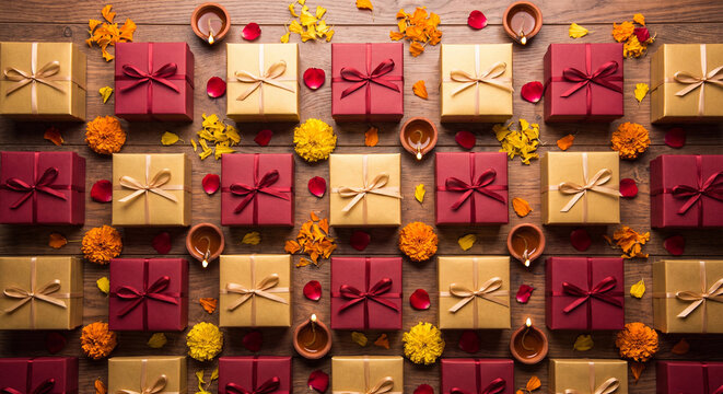 Gift boxes photo in red and gold pattern with Diya lamps and marigold petals flat lay