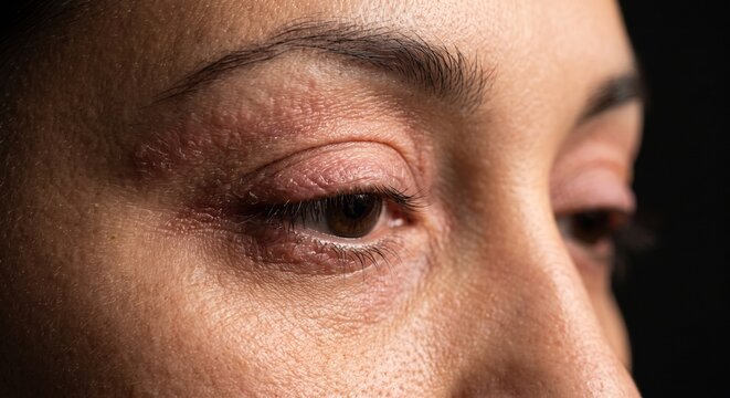 Macro detail of female eye suffering from severe eyelid dermatitis blepharitis or eczema redness