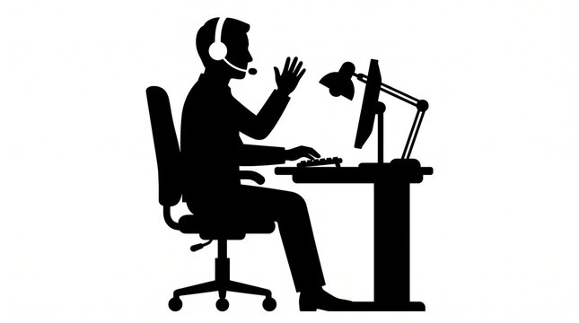 Call center agent silhouette working at a computer desk with headset and microphone isolated vector illustration on white background