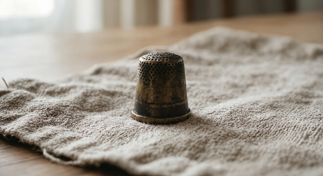 Old Brass Sewing Thimble with Dark Patina on Worn Linen Fabric