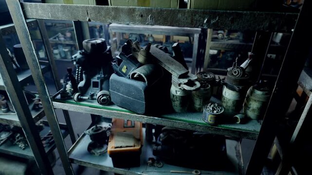 Shadows dance among shelves in a dim workshop, cluttered with rusted tools and mechanical parts. Forgotten items tell stories of past projects and skilled hands.