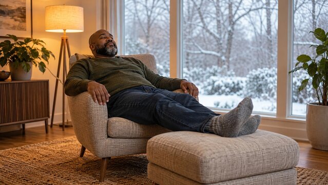 Man relaxing in an armchair by a window overlooking a snowy winter scene