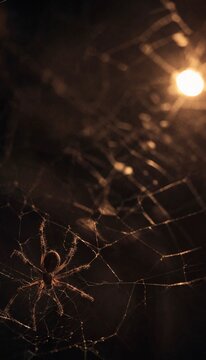 A spider on its web illuminated by a warm glowing light against a dark background, nature, wildlife, night, macro, spooky.