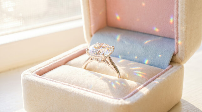 Large diamond engagement ring resting securely inside soft pink and blue velvet jewelry box placed near window bathed in bright natural sunlight