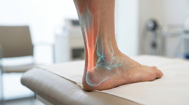 Medical visualization of human achilles tendon inflammation on a patient leg in a clinic setting