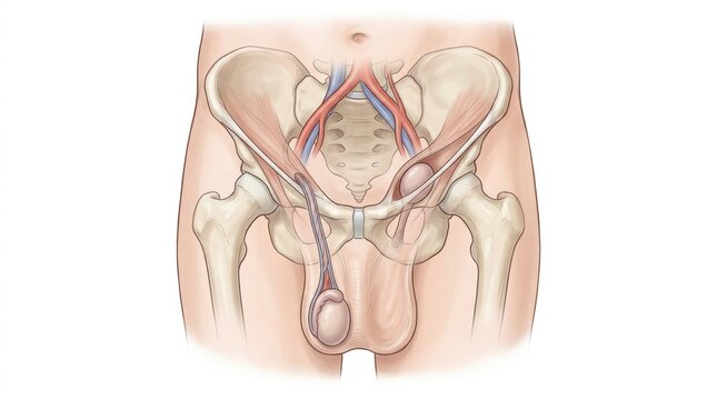 Medical illustration of inguinal hernia anatomy showing the male pelvic region and groin area
