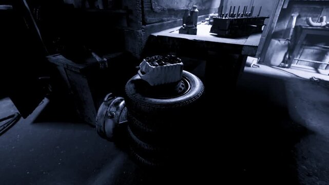 In a dimly lit workshop, old tires stack beneath a table cluttered with tools and parts. The air is thick with creativity, reminiscent of countless projects started and unfinished over time.