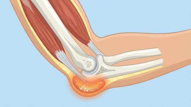 Medical illustration of bursitis in the human elbow joint showing inflammation and fluid buildup