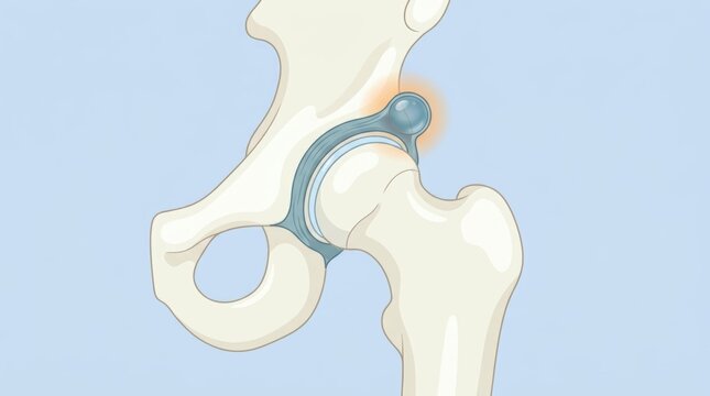 Medical illustration of a human hip joint showing labral tear and inflammation symptoms