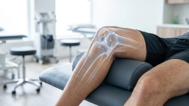 Human knee joint anatomy overlay on a patient leg during a medical consultation in a clinic room