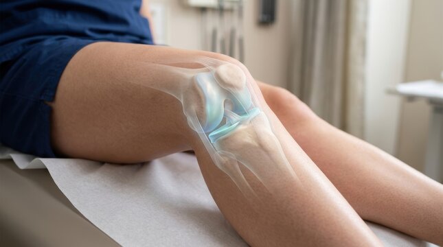 Human knee joint anatomy overlay on a patient leg during a medical consultation in a clinic room