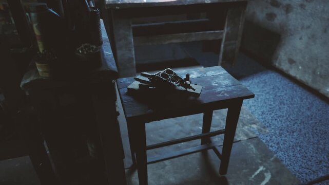 A detailed clay sculpture sits on a simple wooden table in a dimly lit workshop. Shadows dance around the craftsmanship, highlighting the playful spirit of the artist.