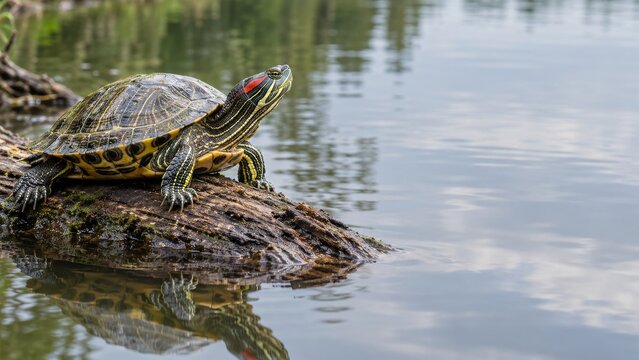 Red eared slider turtle resting on a pond log beside reflective calm water