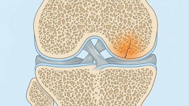 Medical illustration of a human knee joint showing a bone fracture in the femoral condyle area