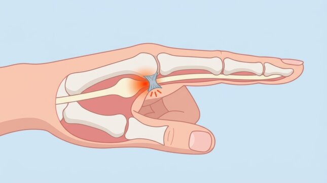 Medical illustration of trigger finger condition showing tendon inflammation in the human hand