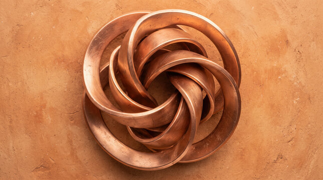 interlocking copper bronze mobius ring torus knot sculpture lying flat textured terracotta clay surface top down directly above overhead view