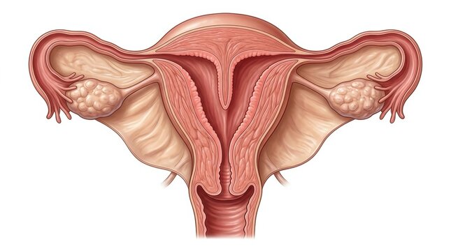 Anatomical illustration of the human female reproductive system showing ovaries and uterus