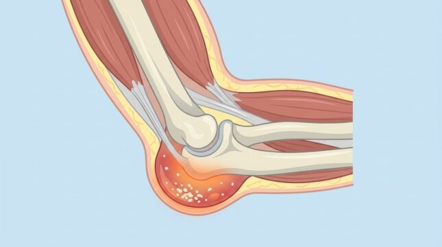 Medical illustration showing olecranon bursitis inflammation in the human elbow joint anatomy