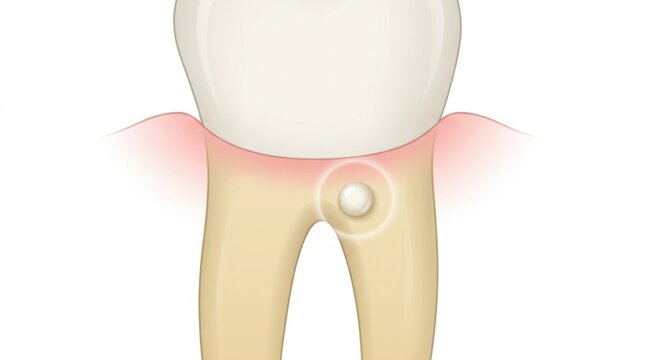 Medical illustration of a dental abscess on a tooth root with surrounding inflamed gum tissue