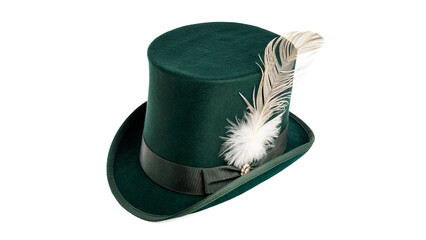 Classic green St Patricks day top hat with white feather accessory isolated on transparent background © Gabriel