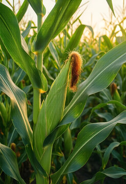 Sustainable agriculture and food security, young corn stalk growing in a field with golden hour sunlight for organic farming and harvest industry