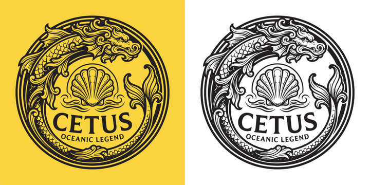 Cetus Oceanic Legend Round Vintage Monokrom Badge Vector Illustration with Sea Dragon and Seashell