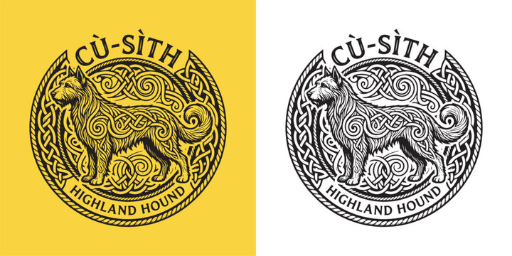 C&ugrave; S&igrave;th Highland Hound Round Celtic Knotwork Monokrom Emblem with Mythical Scottish Dog