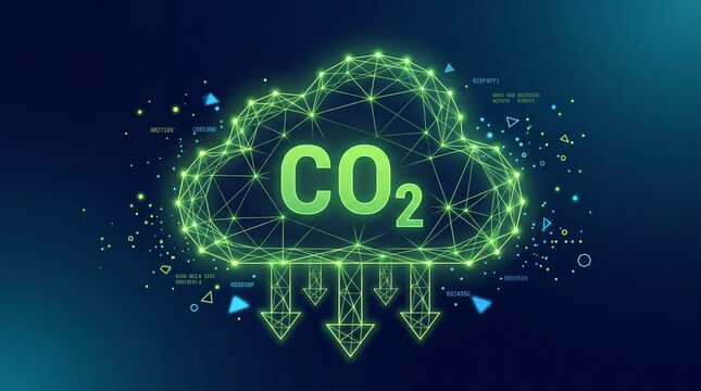 A digital graphic of a green glowing carbon dioxide cloud with downward arrows on blue background with representing emission reduction symbol