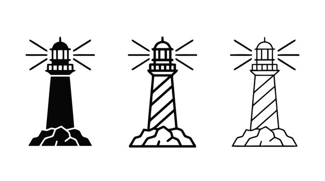 Vector illustration of set of lighthouse icons in different styles on a transparent background