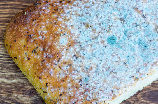 A piece of focaccia bread partially covered in mold on a wooden table.