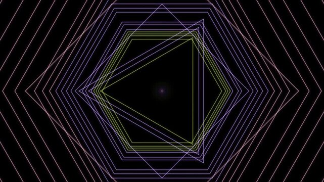 Rotating geometric neon shapes forming a tunnel loop animation