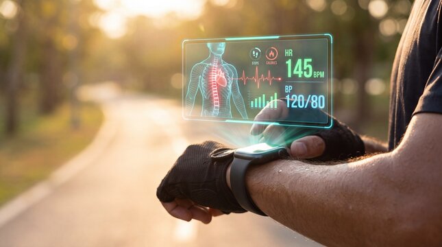 Runner checks digital health statistics on a wearable device while exercising on a park path with holographic health interface interface with interface