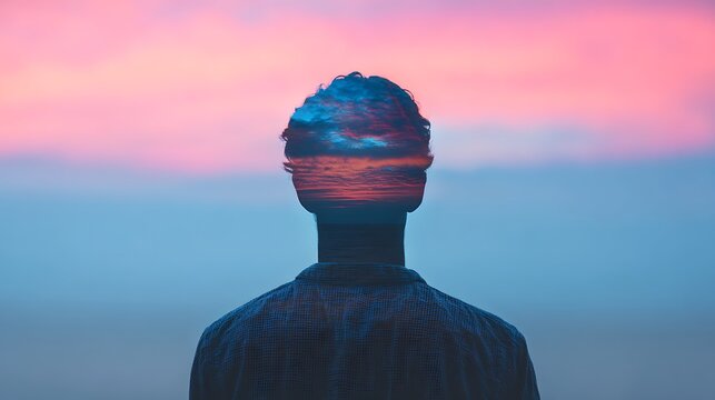 A silhouette of a person viewed from behind with a sunset landscape double exposure blending into their head against a colorful sky.