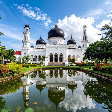 Baiturrahman Grand Mosque Banda Aceh with Black Domes and Garden Reflection