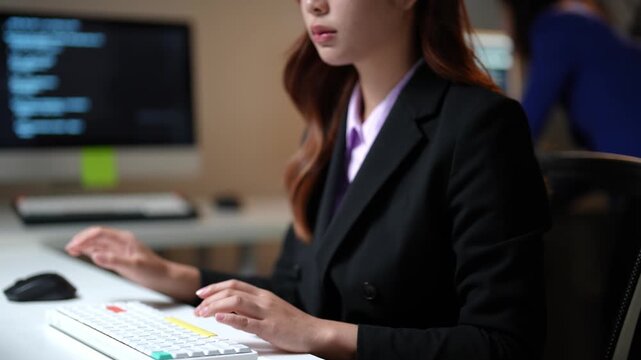 Focused businesswoman programmer coding at night