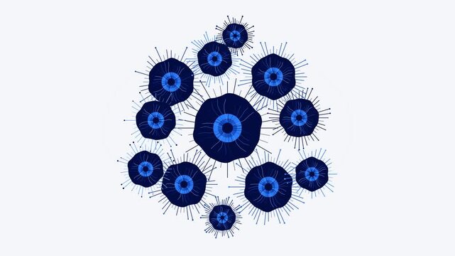 Abstract blue microorganisms or cells pulsing and connecting in a digital network animation on white background