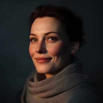 A close-up portrait of a woman with light makeup, warm lighting, and a cozy knit scarf smiling softly against a dark background.